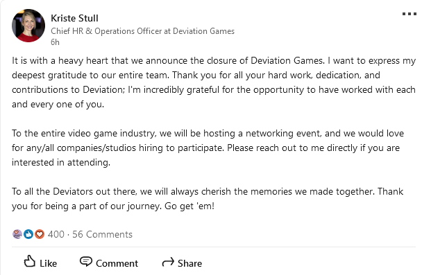 前《使命召唤》开发者工作室Deviation Games宣布关闭-2Q博客